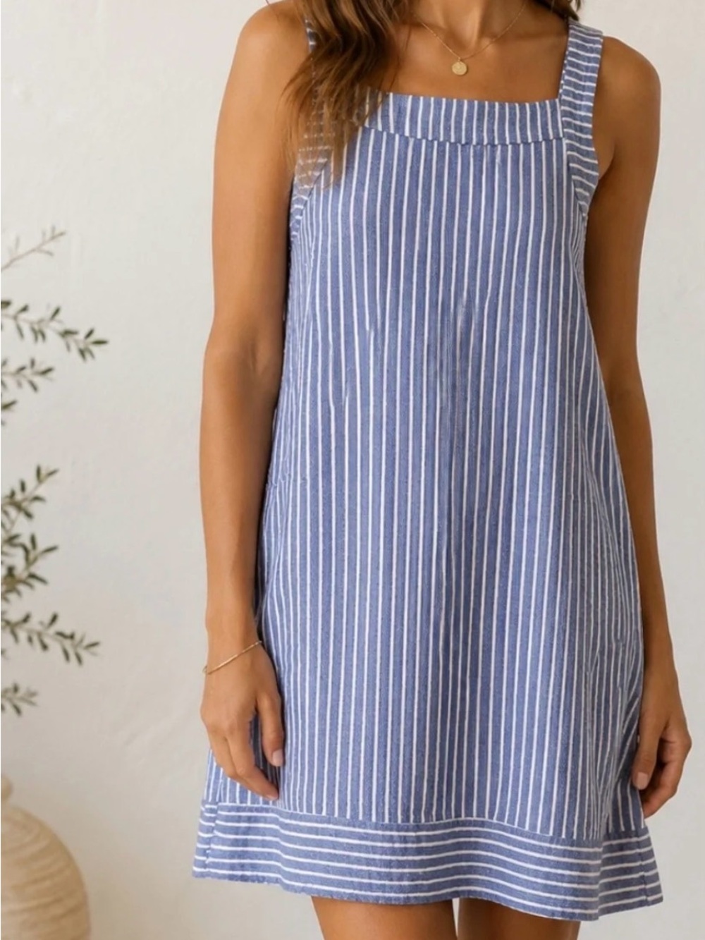 For Cynthia Blue and White Striped Sleeveless Midi Dress